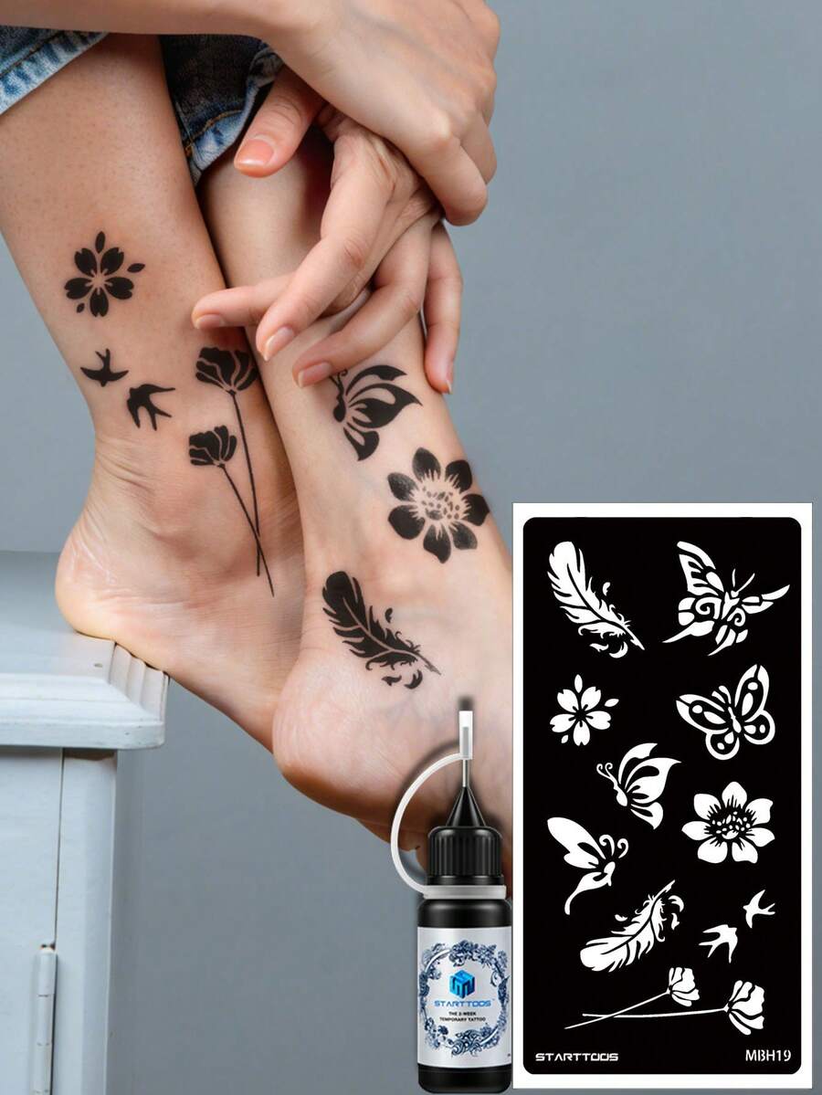 2 Peças (Stencil de Tatuagem + Tinta de Tatuagem) Padrão de Arte de Unhas com Penas Ocas, Borboleta, Floral e Pássaro, Adequado para Mãos, Pintura DIY, Tinta, Stencil Reutilizável de Design de Mehndi - Preto - Visão 1