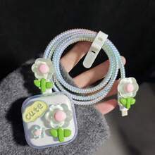 藍色花卉圖案數據線保護套，兼容 Apple 40W 快充充電器，簡單防斷裂，質感高級，延長線材壽命，防寵物啃咬，送給男友/女友/好朋友的實用禮物 - 彩色 - 查看 1