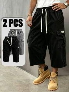 2Pcs Men's 2-Pack Corduroy 3/4 Shorts, Street Style Cargo Shorts, Side Pockets & Brand Label, Loose Fit, Suitable For Urban & Weekend Sports Fall - Multicolor - View 5