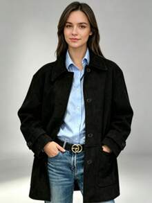 1pc Daily Commute Casual Versatile Solid Color Turn Collar Button Pocket Fashion Autumn/Winter Long Sleeve Jacket - Black - View 6