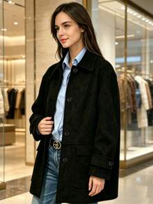 1pc Daily Commute Casual Versatile Solid Color Turn Collar Button Pocket Fashion Autumn/Winter Long Sleeve Jacket - Black - View 3