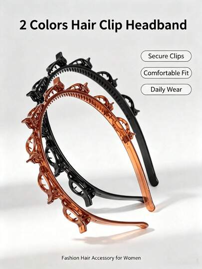 1Pc Women Multi Clips Hairstyle Headband, Non Slip Plastic Hair Band With Multiple Small Claws, DIY Bangs Styling Hair Accessories, 2 Colors Black & Coffee Transparent Daily Makeup Washing Face Hair Fixing Headband