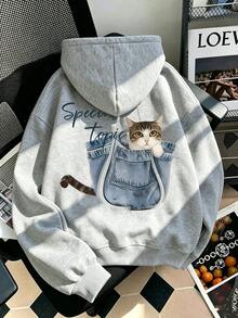 Women's New Autumn/Winter Minimalist Pullover Sweatshirt, Decorated With Cute Cat Pattern Print In Pockets, Casual Fashion Versatile Fall - Grey - View 1