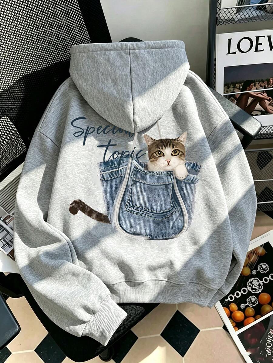 Women's New Autumn/Winter Minimalist Pullover Sweatshirt, Decorated With Cute Cat Pattern Print In Pockets, Casual Fashion Versatile Fall - Grey - View 1