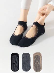 1/3 pares de calcetines tipo barco de yoga vintage con ribete de leopardo y empeine expuesto calado para mujer, estilo básico de color liso con suela completa, lunares y flores, partículas antideslizantes de silicona, transpirables, de corte bajo e invisibles, para interiores, hogar, pilates, aeróbicos, danza, fitness profesional, calcetines antideslizantes para suelo, negro, gris, té con leche, 3 colores, paquete múltiple - Multicolor - Ver 13