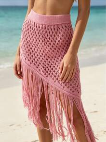 Fringed Knit Beach Cover-Up Skirt - وردي - مشاهدة 1