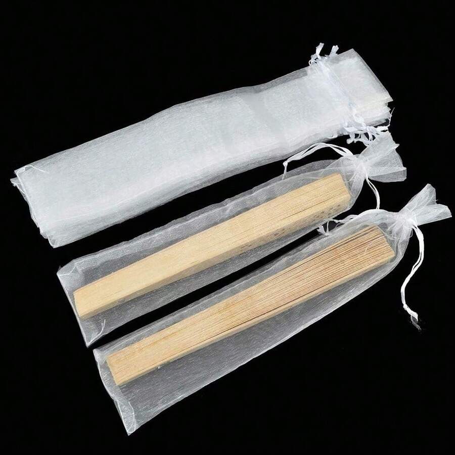 1-100pcs Drawstring Organza Gift Bags, Transparent Rectangular Mesh Pouches, Multi-Purpose Handmade Packaging Bags For Folding Fan Storage, Wedding Birthday Party Favors Gift Wrapping, Gift Bags Only, Fan Not Included - White - View 1