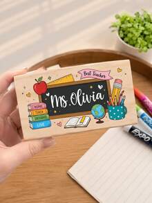 1pc Personalized Teacher Whiteboard Eraser, Wooden Chalkboard Eraser, Back To School Classroom Decor, Year-End Teacher Appreciation Gift, Teacher Gift, Personalized Gift, Customized Eraser, Back To School - Multicolor - View 3