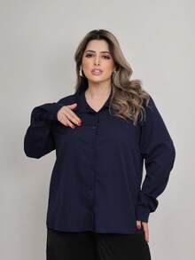 Women's Plus Size Long Sleeve Solid Color Dress Shirt - Navy Blue - View 1