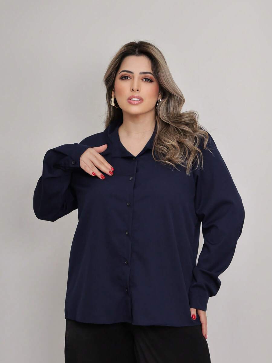 Women's Plus Size Long Sleeve Solid Color Dress Shirt - Navy Blue - View 1