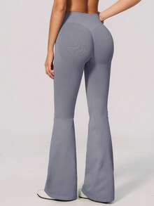 KyrLssu Women's High Waist Seamless Ribbed Waistband Leggings, Solid Color Tummy Control Elastic Yoga Fitness 9/10 Length Pants - Ash Blue - View 5