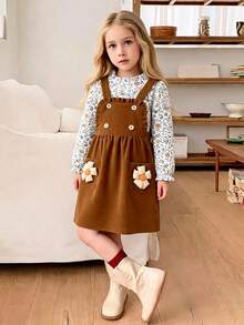 2pcs Vintage Girl Outfits: Floral Print Ruffle Collar Top And Corduroy Suspender Skirt, Fall/Winter - Brown - View 2