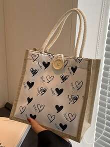1pc Fashionable Black Heart Pattern Canvas Tote Bag - Lightweight & Multifunctional, Suitable For Lunch, Travel | Durable Fabric, Large Capacity Interior, Essential For Daily Use, Cute Storage Bag - Black and White - View 8