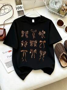 Casual Fashion Street Leopard Print Bowknot Round Neck Short Sleeve T-Shirt, Spring/Summer Wear, Teenager Style - Black - View 1