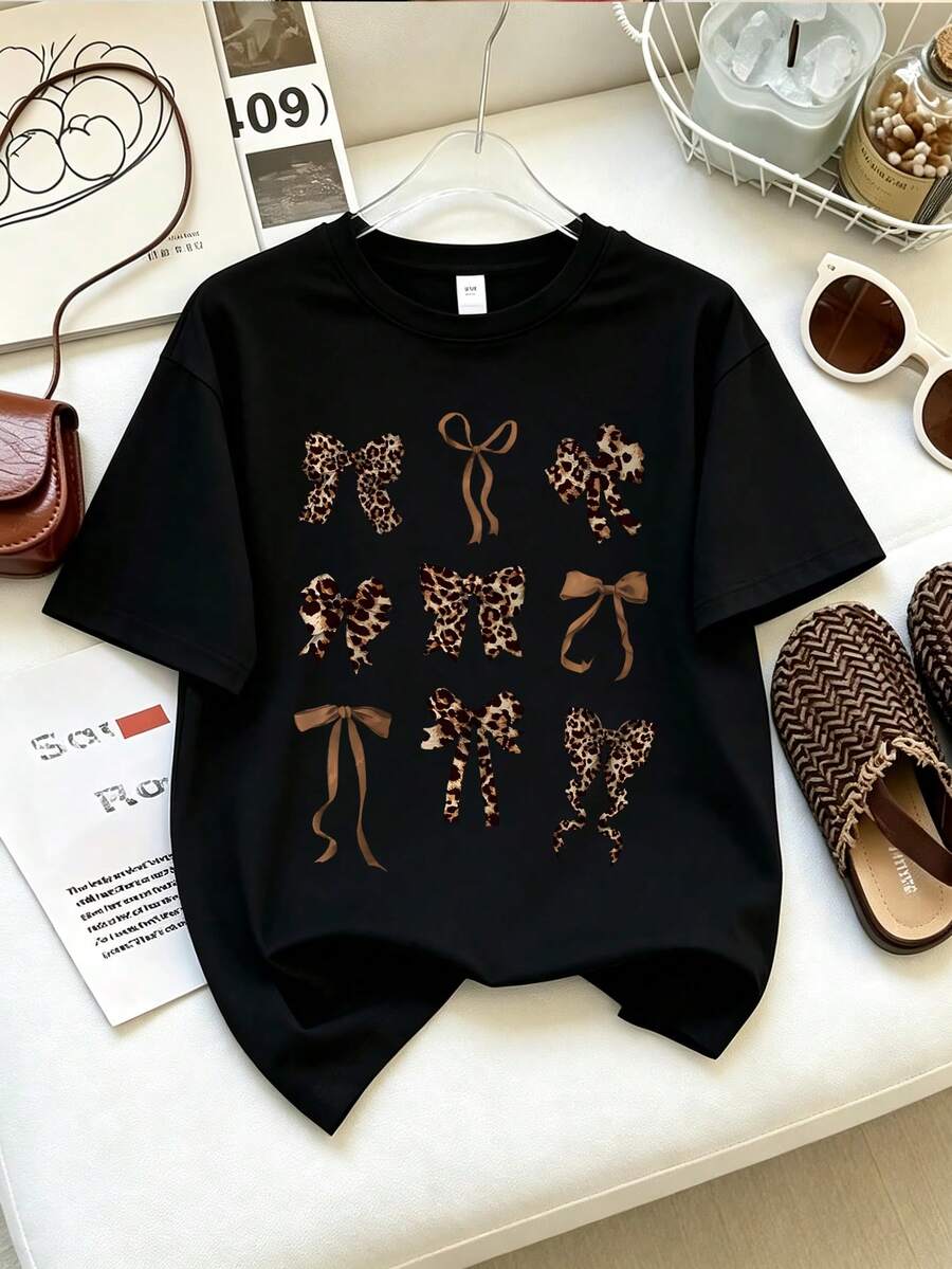 Casual Fashion Street Leopard Print Bowknot Round Neck Short Sleeve T-Shirt, Spring/Summer Wear, Teenager Style - Black - View 1