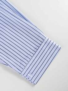 Plus Size Women's Preppy Striped Button-Down Long Sleeve Regular Fit Basic Top - Baby Blue - View 5