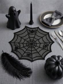 2pcs Black Lace Spider Web Placemats, Halloween Party Table Decor, Happy Halloween Decoration, Ghost Festival Decor, Table Centerpiece, Spooky Tableware, Spider Web Pattern Decor, Home Kitchen Dining Room Decoration - Black - View 6