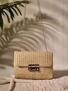 Tropiscape Fashionable Solid Color Gold Woven Crossbody Bag, Suitable For Women's Daily Use - Khaki - View 3
