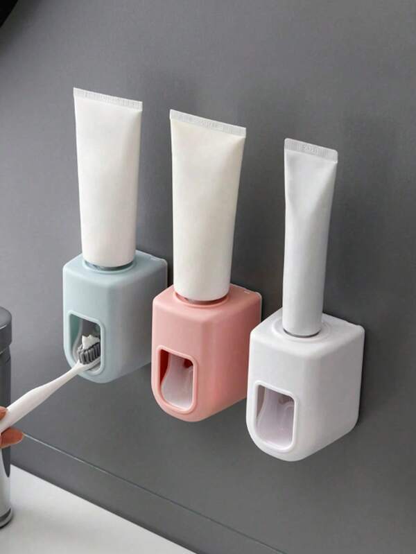 1pc Wall-Mounted Automatic Toothpaste Dispenser, Hands-Free No-Drill Slouchy Toothpaste Squeezer With Toothbrush Holder, Space-Saving Easy Installation No Power Needed, Plastic Bathroom Accessory, Suitable For Home, Dorm, Back To School Season