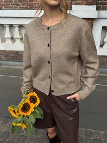 Women's Crew Neck Button Front Long Sleeve Solid Cardigan Sweater Fall Winter Casual Street Commute Daily Fashion Stylish Simple Autumn Knit Cardigan - Khaki - View 5