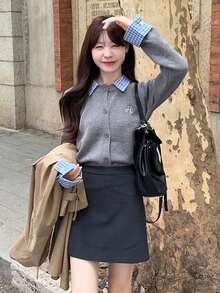 Korean Style Academy Patchwork 2 In 1 Knit Cardigan - Grey - View 1