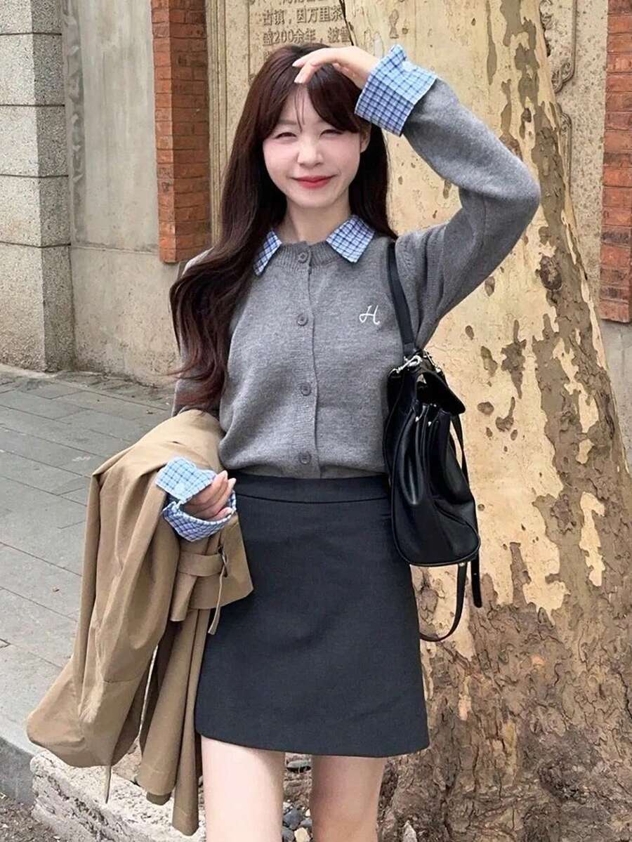 Korean Style Academy Patchwork 2 In 1 Knit Cardigan - Grey - View 1