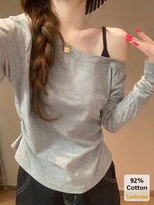 92% Cotton Asymmetrical Neckline Cami Top, Grey Floral Long Sleeve Blouse, Stylish Base Layer - Gray - View 2