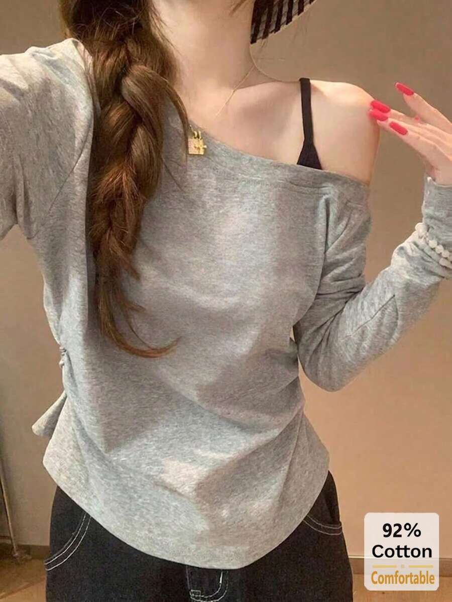 92% Cotton Asymmetrical Neckline Cami Top, Grey Floral Long Sleeve Blouse, Stylish Base Layer