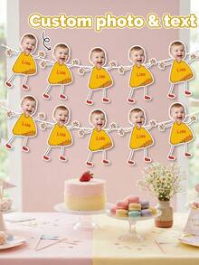 Custom Photo Cartoon Yellow Dress Children's Banner, Hand-Drawn Little Girl Hollow Floral Wreath With Customized Name Text, Sweet Macaron Color Baby Shower And Girl Decoration - Multicolor - View 2