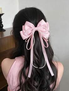 1 pieza Pinza para el cabello con lazo minimalista y femenino, lazo de cinta de satén multicolor con perlas, pinza de resorte para coleta o media coleta - Multicolor - Ver 5