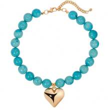 European And American Natural Thick Turquoise Abacus Bead Collarbone Chain With Large Heart Pendant Necklace - Golden Heart Necklace - View 5