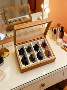 1 pieza Caja organizadora de gafas de moda con 4 ranuras, estuche de almacenamiento de gafas de madera con tapa de acrílico transparente, caja de almacenamiento de gafas, soporte para gafas con forro de terciopelo, estuche de exhibición a prueba de polvo para tocador, armario, tocador, organización del hogar, regalos para hombres, regalos para mujeres, decoración de dormitorio, vuelta a la escuela - Multicolor - Ver 13