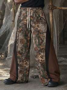 Plus Size Men's American Street Style Colorblock Wide Leg Pants, Woodland Camo Brown & Black Contrast Side, Drawstring Elastic Waist, Relaxed Draped Fit, Streetwear Long Pants For Plus Size Men - Brown - View 1
