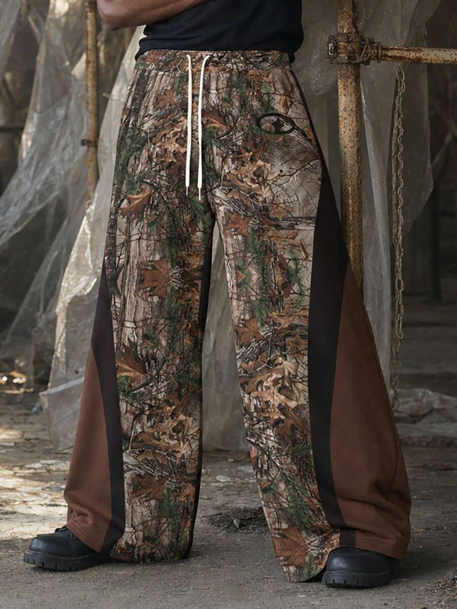 Plus Size Men's American Street Style Colorblock Wide Leg Pants, Woodland Camo Brown & Black Contrast Side, Drawstring Elastic Waist, Relaxed Draped Fit, Streetwear Long Pants For Plus Size Men - Brown - View 1