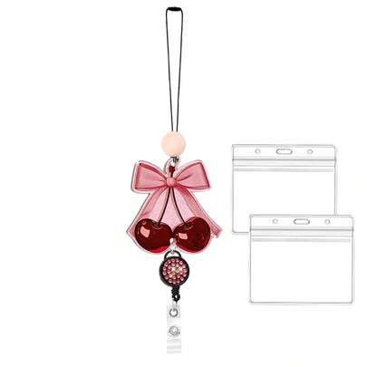 1pc Teacher ID Badge Lanyard Retractable Badge Reel, Shiny Cherry ID Card Holder Retractable Clip With Silicone Bead Decoration, Horizontal Dual Transparent ID Card Protector, Bus Card/ID Card Universal Protector, Nurse, Teacher, Doctor, Women Office Supplies
