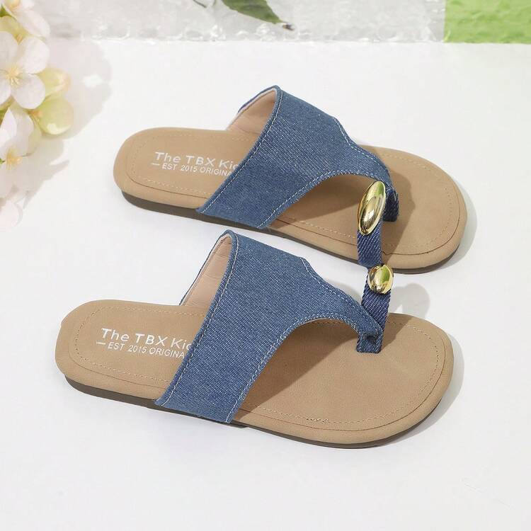 Sandal Kasual Musim Panas Model Korea untuk Anak Perempuan, Model Slip-On dengan Tali Pergelangan Kaki dan Ujung Terbuka, Menampilkan Desain Sederhana untuk Pakaian Pantai, Mewujudkan Gaya Santai. - Biru - View 5