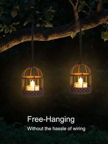1/2pcs Solar Powered Hanging Lantern Light, Outdoor Waterproof Rust-Proof Bird Cage Candle Holder With Flickering Solar Tea Light, Rechargeable Lantern Lamp For Backyard, Patio, Garden, Fence, Tree Hanging Decoration - Birdcage - View 5