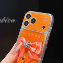 Dompet Kartu dengan Pita Satin dan Hiasan Bunga Camellia Perak, Tali Pergelangan Tangan, Kontras Dua Warna, Jendela Kamera Besar, Casing Ponsel Transparan, Dompet Saku, Tahan Guncangan dan Anti Jatuh, Pelindung Ponsel, Casing Tipis TPU Lembut Transparan Anti-Kuning, Kompatibel dengan iPhone 13 14 15 16 17 Pro Max - Jeruk - View 4