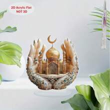 2D flacher Vintage vergoldeter Strass geschnitzter Hände halten goldene Kuppel Moschee Acryl Ständer, Halbmond Schloss Architektur Dekoration für Wohnzimmer Eingangstisch, 2D Acryl Ständer, Hände halten Moschee, vergoldet mit Edelsteinen besetzt, Halbmond Moschee, Desktop weiche Dekoration, kreatives dekoratives Geschenk - A - Übersicht 4