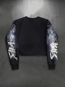 YUNCHIC Dark Skeleton Portrait Print Cropped Long Sleeve Pullover Sweatshirt Distressed Graffiti Letter Y2K Loose Streetwear - Black - View 2