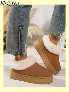1 Pair Vintage Fashion Camel Color Thick Fur Trim Round Toe Ankle Boots Women's Winter Thick Sole Boots Uggs Style Vintage Daily Winter Shoes - Brown - View 4