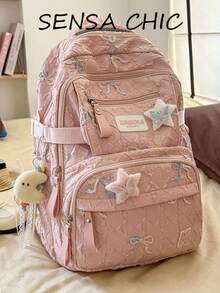 Rosa strukturierter gesteppter Schüler-Rucksack, Mehrfach-Taschen Rucksack mit großer Kapazität, geeignet für den täglichen Schulgebrauch von Teenager-Mädchen, Einkaufen und Wochenendreisen (ohne Anhänger) - Pink - Übersicht 1