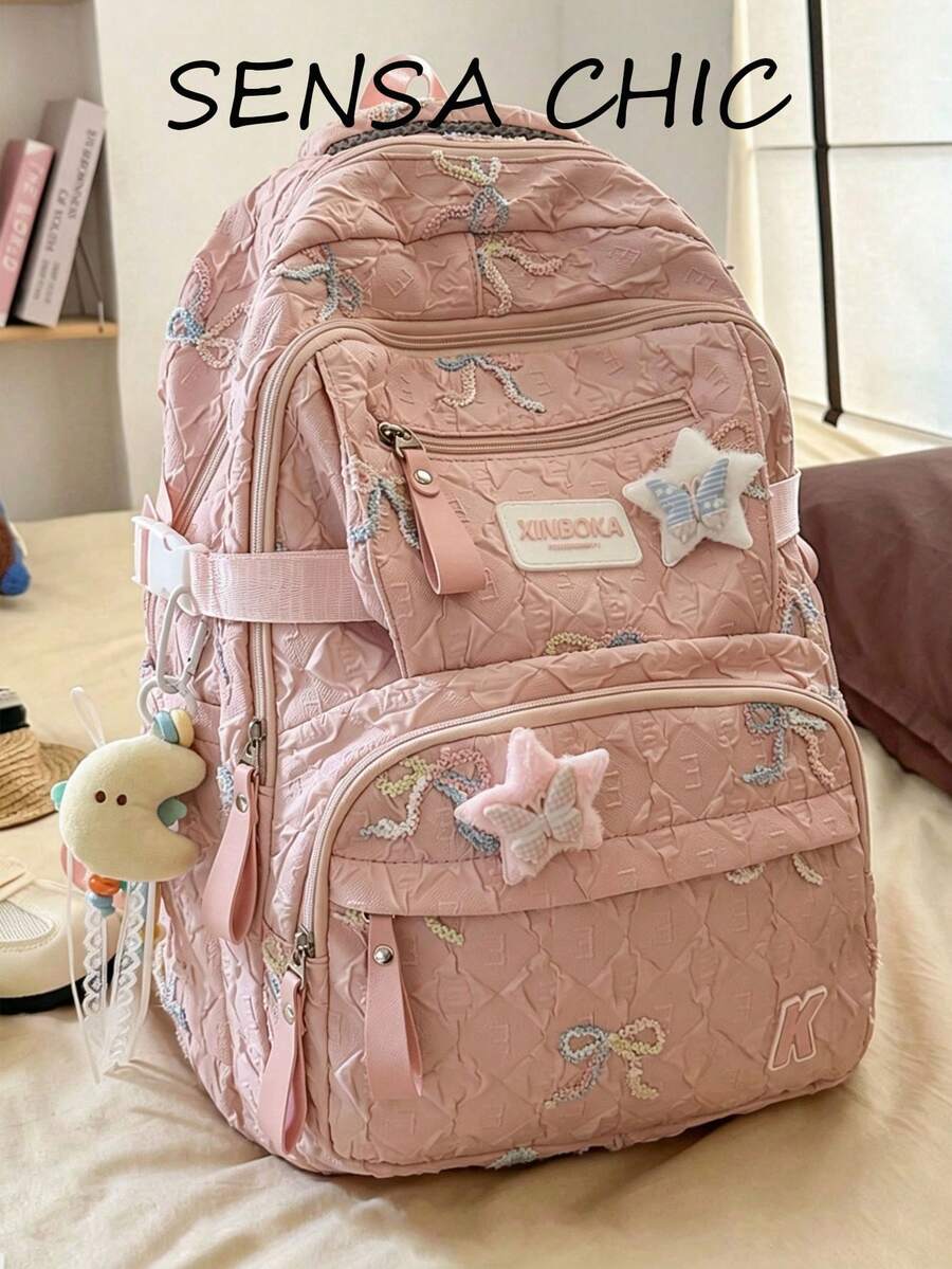 Rosa strukturierter gesteppter Schüler-Rucksack, Mehrfach-Taschen Rucksack mit großer Kapazität, geeignet für den täglichen Schulgebrauch von Teenager-Mädchen, Einkaufen und Wochenendreisen (ohne Anhänger) - Pink - Übersicht 1