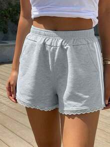 1pc Tween Girls American Style Lace Patchwork Side Stripe Casual Shorts, Loose Fit, Versatile For Daily Streetwear - Light Grey - View 5