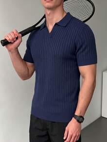 ZYNTH BALENO Men's Summer Striped Knit Polo Short Sleeve Shirt, Minimalist Versatile Top, Suitable For Outdoor Sports And Gym Workouts - Navy Blue - View 6