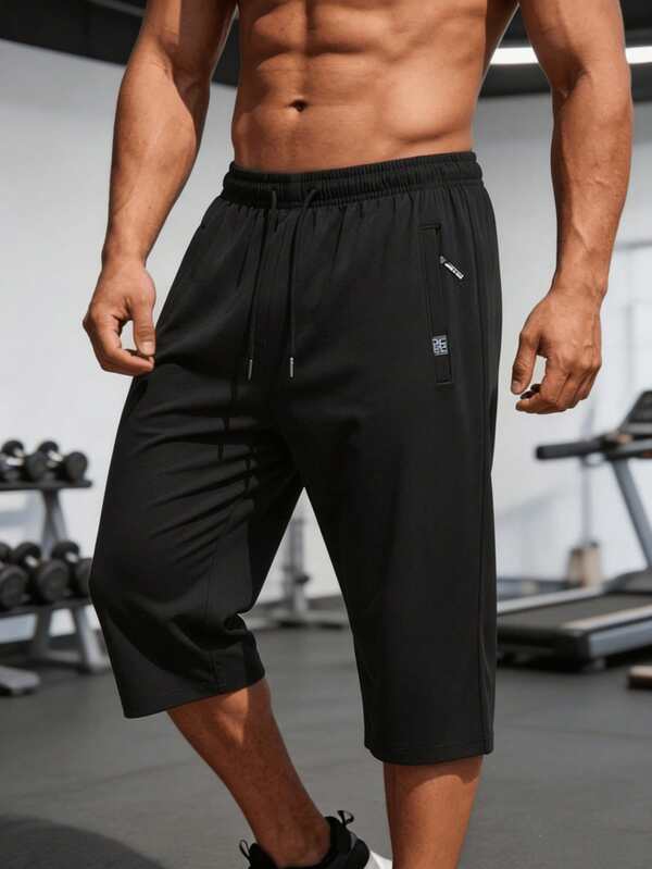 Men's Outdoor Quick-Dry Sports 7/8 Pants - Solid Black, Elastic Waistband With Pockets, Breathable Fabric Suitable For Gym, Running And Outdoor Activities