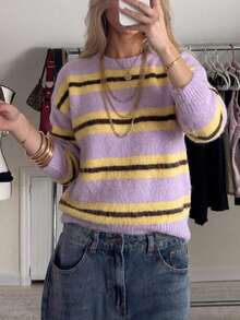 Women's Plus Size Lavender Yellow Striped Pullover Sweater, Long Sleeve, Regular Fit, Medium Stretch Fabric, Suitable For Spring Wear, Casual Preppy Style - Multicolor - View 6