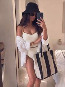 HOTTIE HABIT 女款奶油色對比棕色滾邊V領連身泳衣 細肩帶 腰帶設計 高衩修身 純色極簡夏季海灘泳池泳衣 - 彩色 - 查看 2