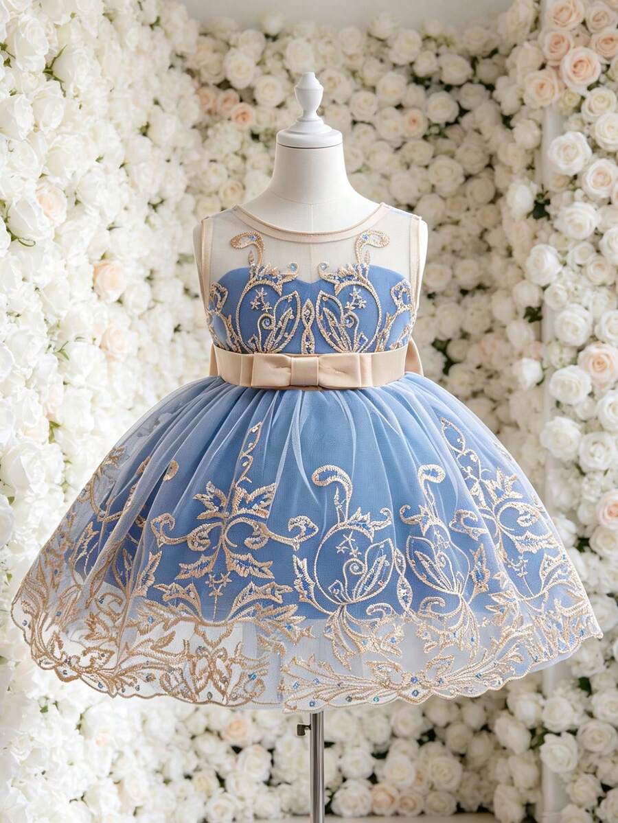 女嬰可愛精緻亮片刺繡蝴蝶結裝飾圓領洋裝,適合花童婚禮、生日派對、1歲生日及其他場合 - 藍色 - 查看 1