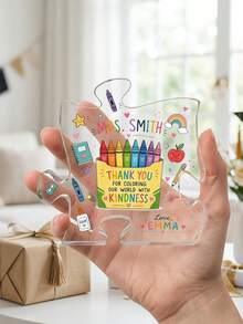 1pc Customized Teacher Name Puzzle Shaped Acrylic Plaque, Personalized Teacher Appreciation Keepsake, Cute Crayon And School Supplies Design, Transparent Acrylic Decor, Teacher's Day, End Of School Year And Back To School Season Teacher Educator Gift - Multicolor - View 4